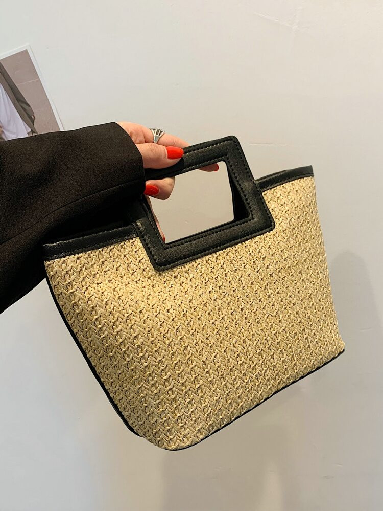 Contrast Binding Double Handle Straw Bag | SHEIN
