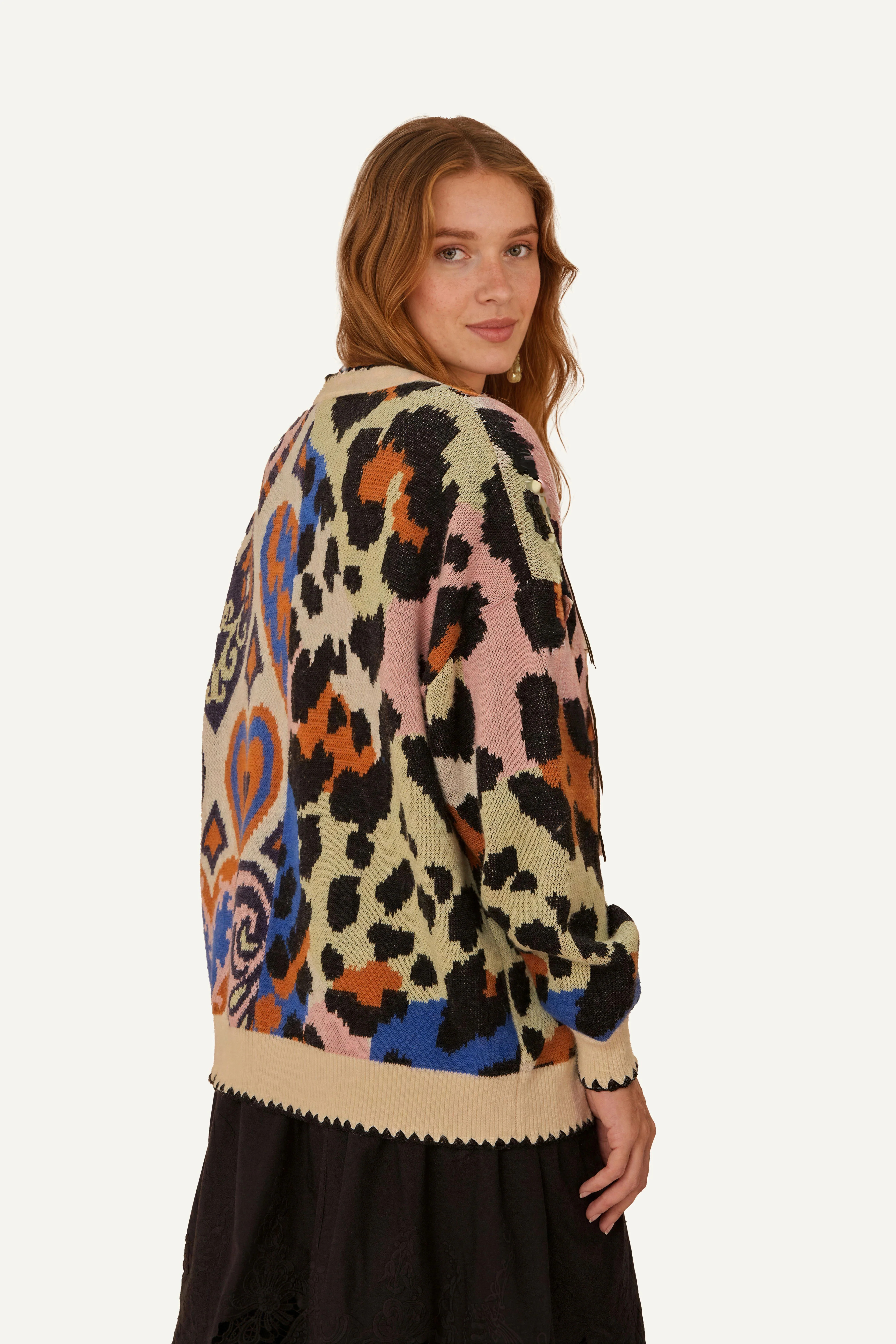 Mixed Ikat Hearts Knit Cardigan, HEARTS IKAT CREAM / XS | FarmRio (US)
