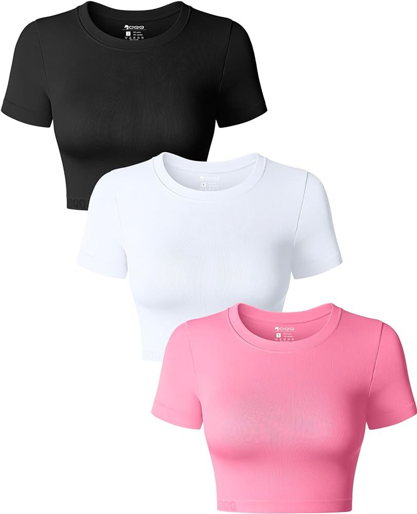 OQQ Women's 3 Piece Crop Tops Crew Neck Shorts Sleeve Stretch Fitted Shirts Crop Tops | Amazon (US)