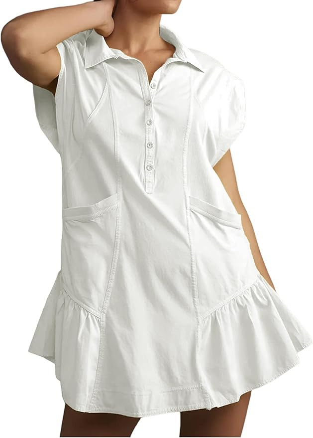 Women's Button Down Shirt Dress Short Sleeve Patchwork Mini Dress with Pockets | Amazon (US)