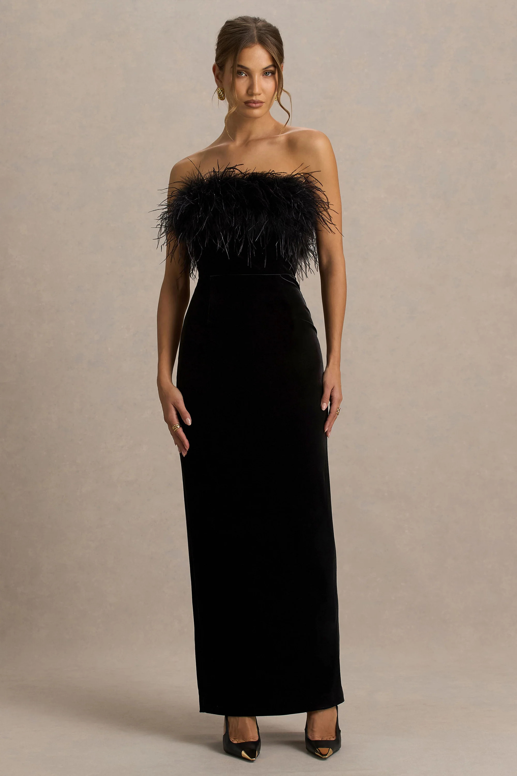 Arella | Black Velvet Bandeau Maxi Dress With Feather Trim | Club L London