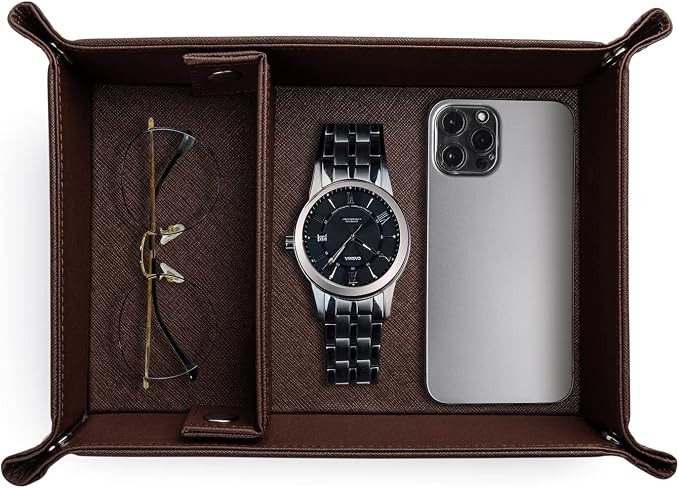 SANQIANWAN Valet Tray for Men Leather Tray Organizer with Partition, PU Tray for Key, Watch & Pra... | Amazon (US)