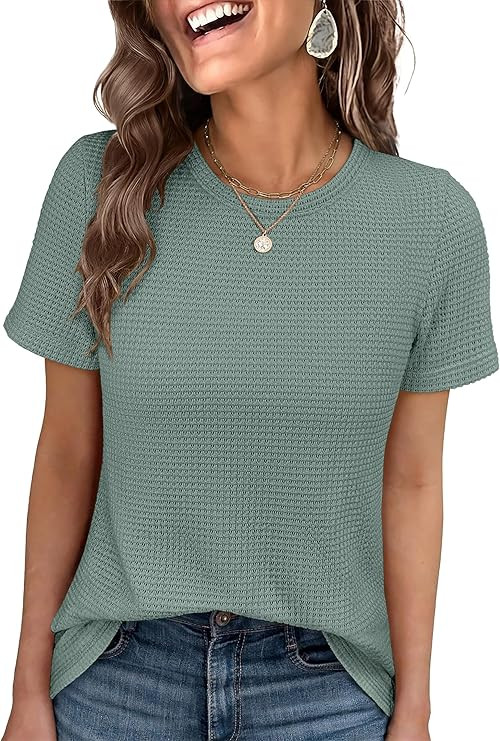 Women's Summer Waffle Knit Tops Crew Neck Short Sleeve Casual Trendy Shirts Basic Tee Blouses 202... | Amazon (US)