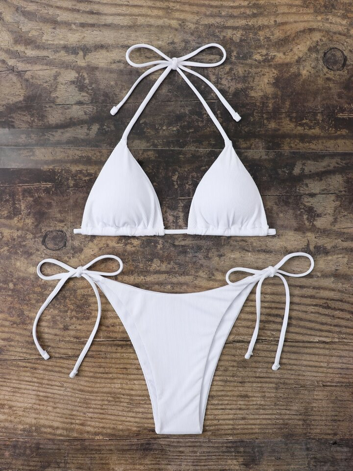 SHEIN Swim Basics Bikini d'été à bretelles triangulaires et attaches sur le côté | SHEIN