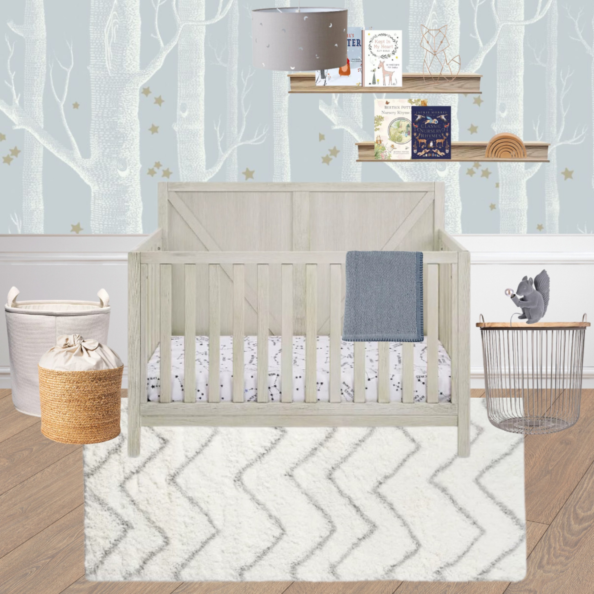 Nursery decor mood board. Woodland themed nursery ideas, cute baby boys nursery decor inspo, woodland nursery decor, blue nursery design ideas, grey nursery furniture 

#LTKbaby #LTKkids #LTKhome