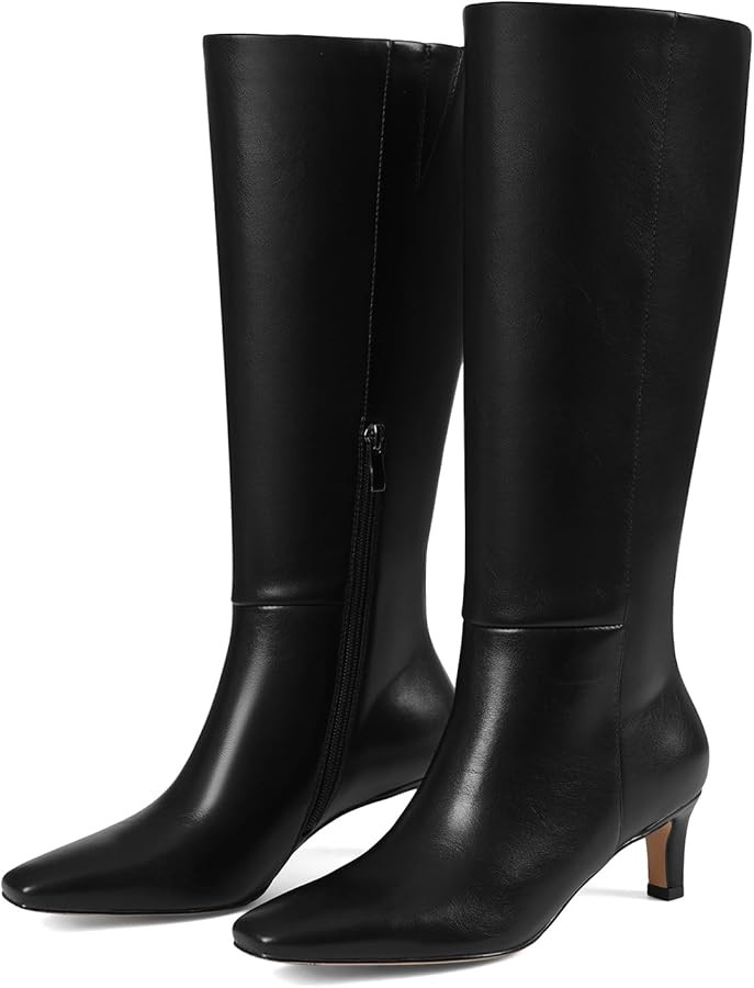 Knee High Long Boots for Women Wide Calf Kitten Low Heel Square Toe Leather Fall Winter Fashion T... | Amazon (US)