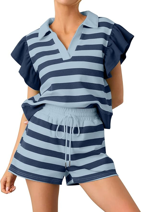 HOCANDY Striped Shorts Sets Women 2 Piece Outfits Ruffle Cap Sleeve Tops and High Waisted Drawstr... | Amazon (US)