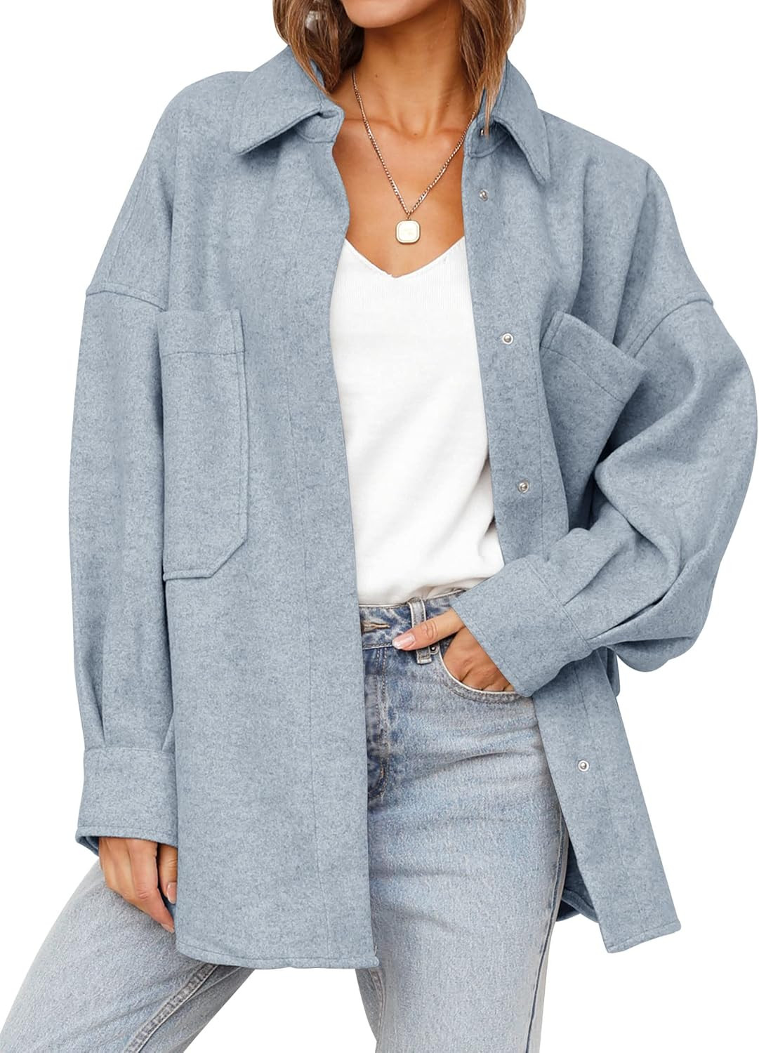 MEROKEETY Women's 2023 Fall Oversized Long Sleeve Shacket Jacket Button Down Wool Blend Coats with P | Amazon (US)