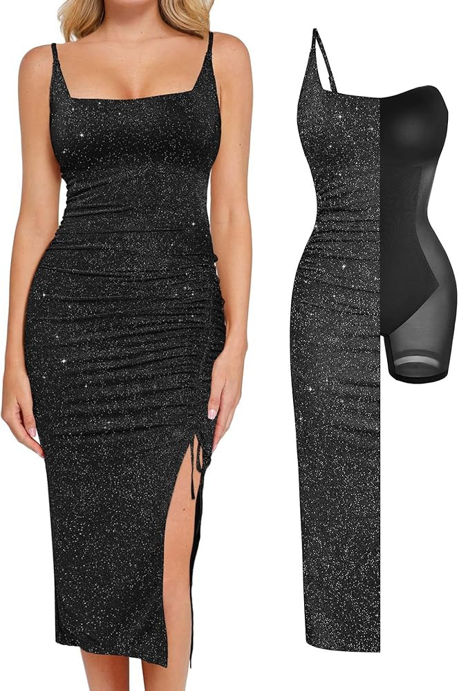 Popilush Shapewear Dress Sparkly Cocktail Dresses for Women Tummy Control Square Neck Ruched Midi... | Amazon (US)