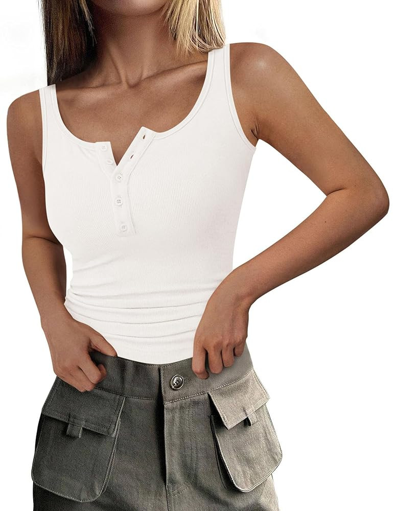 PRETTYGARDEN Womens 2025 Summer Tank Tops Ribbed Knit Slim Fit Sleeveless Henley Shirts Casual Ba... | Amazon (US)