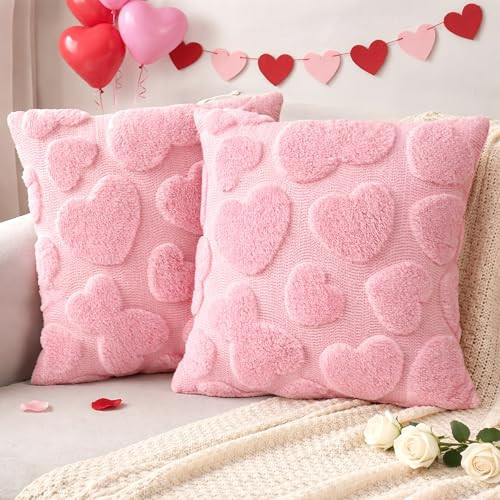 Aryala Valentines Pillow Covers 18x18 inch Set of 2 Valentines Day Decoration Pink Heart Soft Plush Faux Fur Jacquard Throw Pillows for Bedroom Sofa Holiday Festivals Home Decor | Amazon (US)