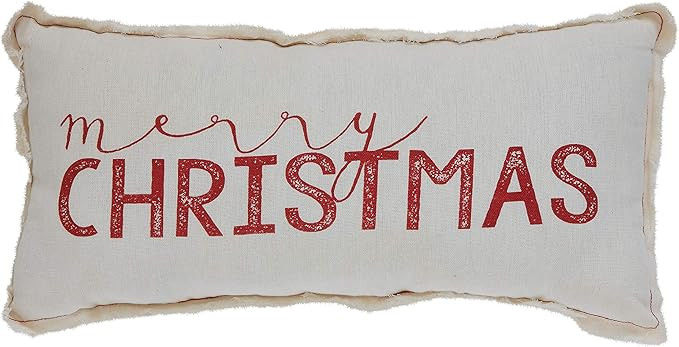 Creative Co-Op 18" Polyester Lumbar Merry Christmas & Fringe Trim Pillow, Red | Amazon (US)