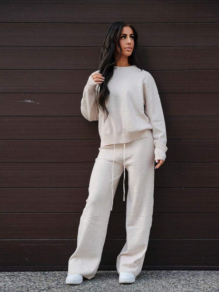 SAYEHFBABY 2pcs Women Solid Color Round Neck Drop Shoulder Long Sleeve Sweater And Wide Leg Knit ... | SHEIN