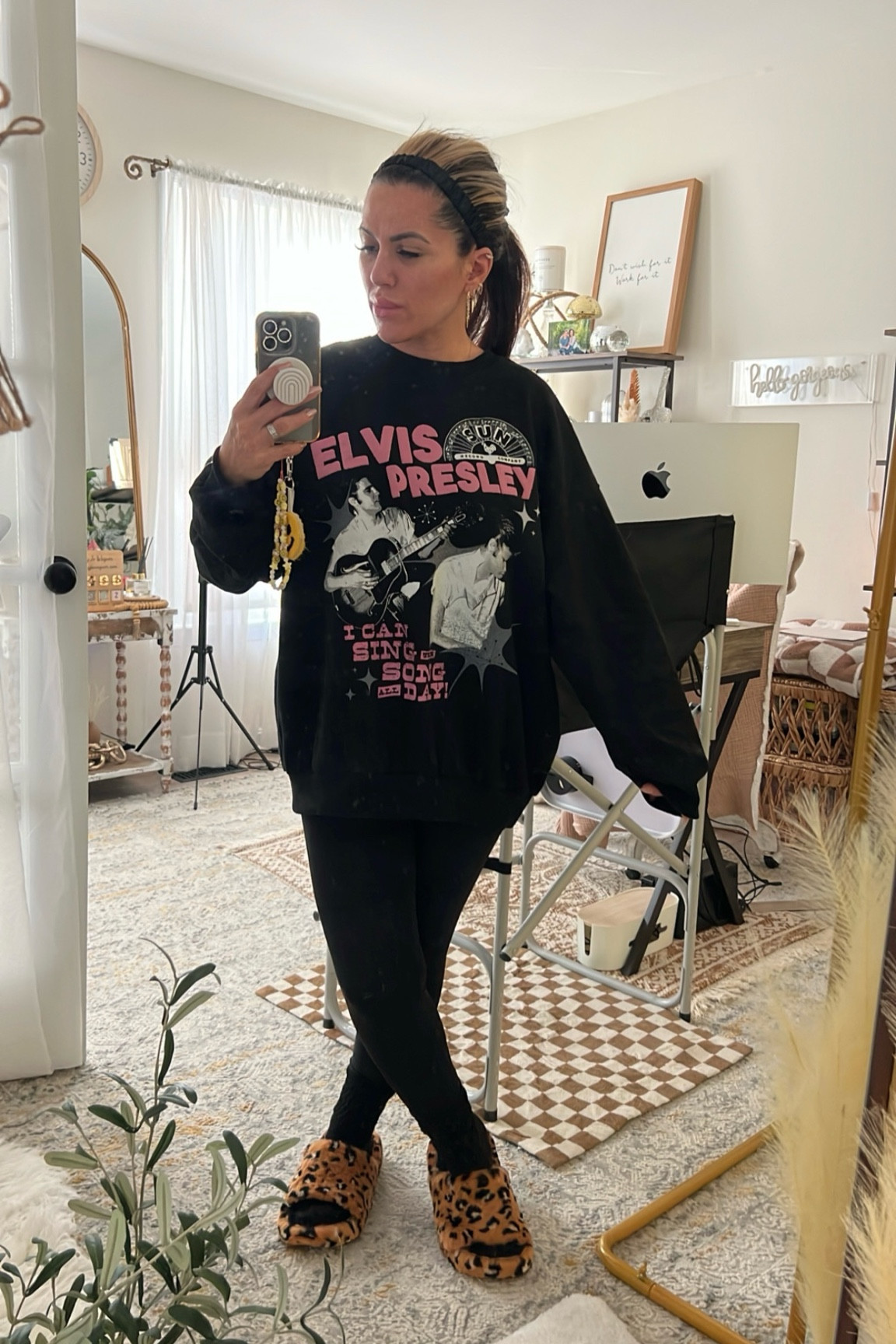 Oversized Elvis Presley sweatshirt. Can confirm it’s a 10/10 for comfort! These leggings keep you EXTRA snatched due to the compression waistband and I LOVE them! Leopard crocs with hard bottom true to size and highly recommend. 

#LTKSaleAlert #LTKFindsUnder50 #LTKStyleTip