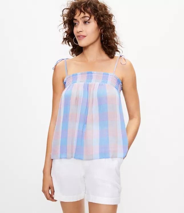 Plaid Smocked Bow Strap Cami | LOFT