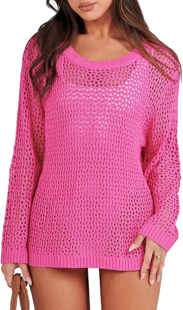 ANRABESS Women's Summer Sweater Crochet Beach Cover Up Hollow Out Long Sleeve Mesh Shirt Top 2024... | Amazon (US)