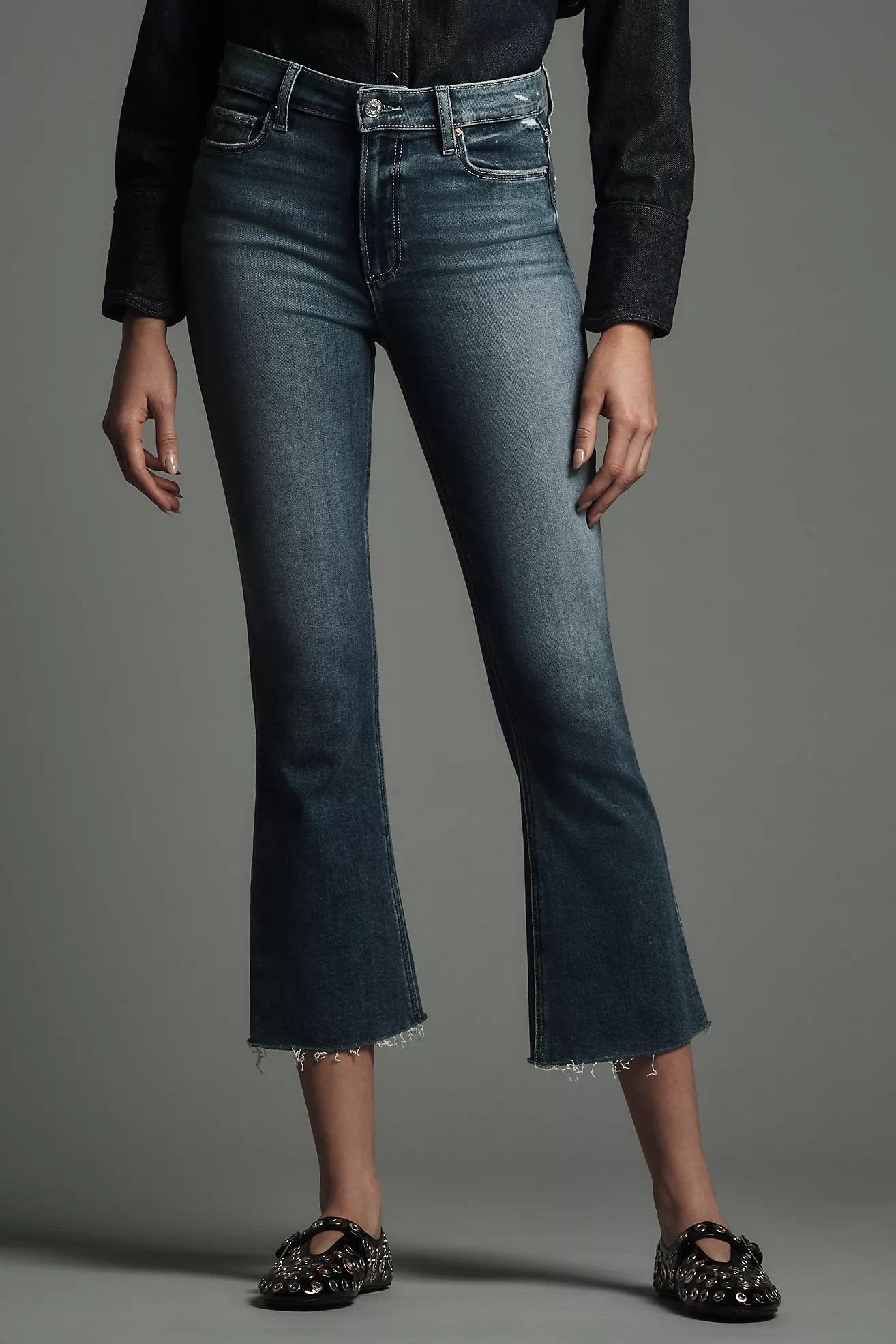 PAIGE Colette Petite High-Rise Raw-Hem Crop Flare Jeans | Anthropologie (US)