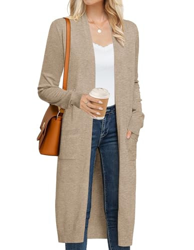 GRACE KARIN Khaki Long Cardigan for Women Lightweight Open Front Maxi Long Knitted Cardigan Sweater Coats Women Fall Clothes Quiet Luxury Clothes (Khaki,L) | Amazon (US)