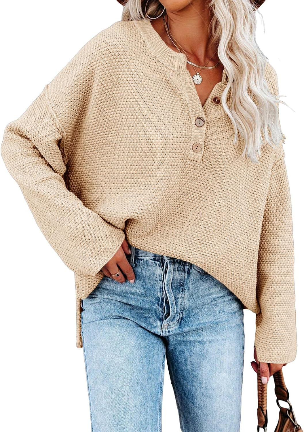 Saodimallsu Women's Oversized Sweaters Batwing Long Sleeve Loose V Neck Button Henley Tops Pullov... | Amazon (US)