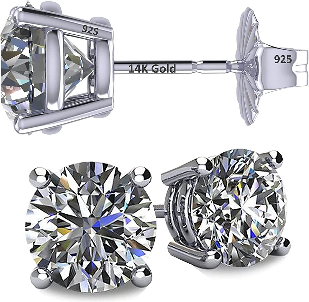 Amazon.com: 14K Solid Gold Post & Sterling Silver 4 Prong CZ Stud Earrings - Platinum Plated - 6.... | Amazon (US)