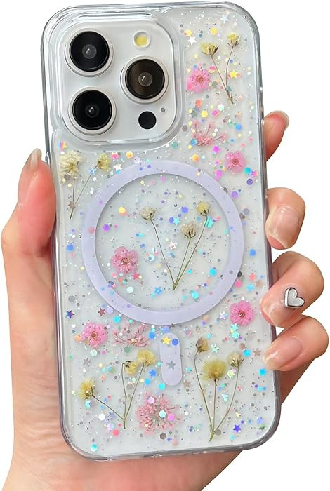 Cute Real Flowers for iPhone 16 Pro Max Case [Compatible with MagSafe] Glitter Magnetic Cover wit... | Amazon (US)