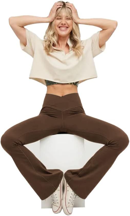 Amazon.com: TOPYOGAS Women's Casual Bootleg Yoga Pants V Crossover High Waisted Flare Workout Pan... | Amazon (US)