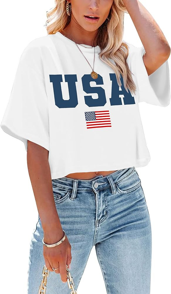 hohololo American Flag Crop Tops Women USA Crop Shirt Patriotic 4th of July Tee Memorial Day Tshi... | Amazon (US)