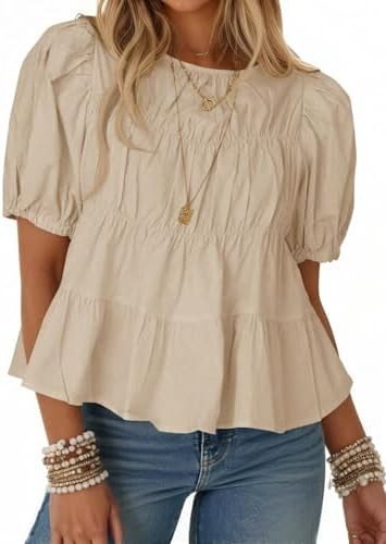 Tankaneo Womens Puff Sleeve Peplum Babydoll Tops Summer Flowy Pleated Cotton T-Shirts Casual Loos... | Amazon (US)