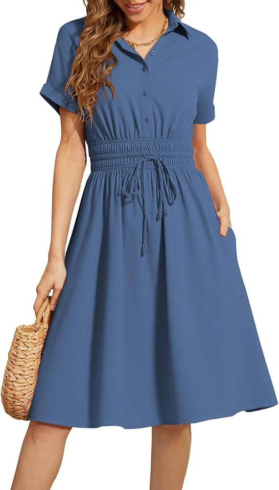 ECOWISH Summer Button Mini Shirt Dresses for Women V Neck Short Sleeve Petite Work Casual Smocked... | Amazon (US)