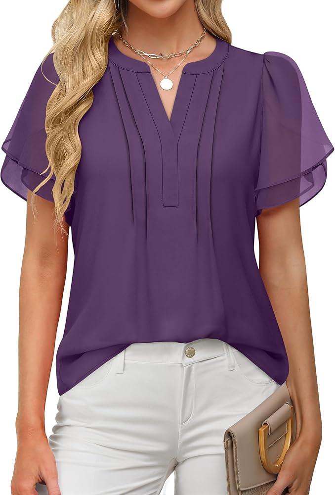 ANRABESS Womens Dressy Chiffon Blouses V Neck Petal Short Sleeve Shirts 2026 Summer Casual Busine... | Amazon (US)