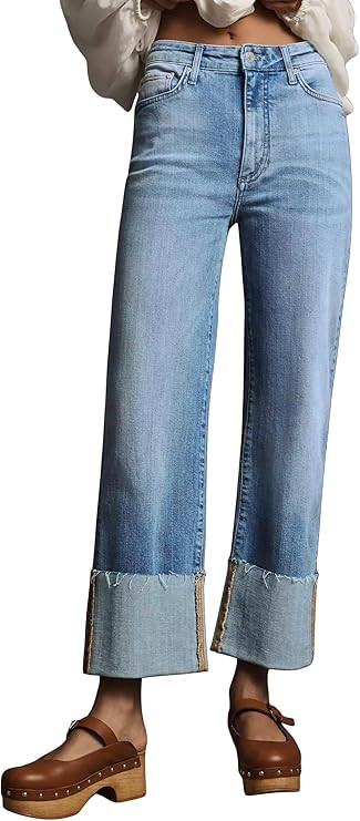 Lesore Womens High Waist Wash Denim Wide Leg Straight Leg Jeans Pants with Cuffed Hem | Amazon (US)