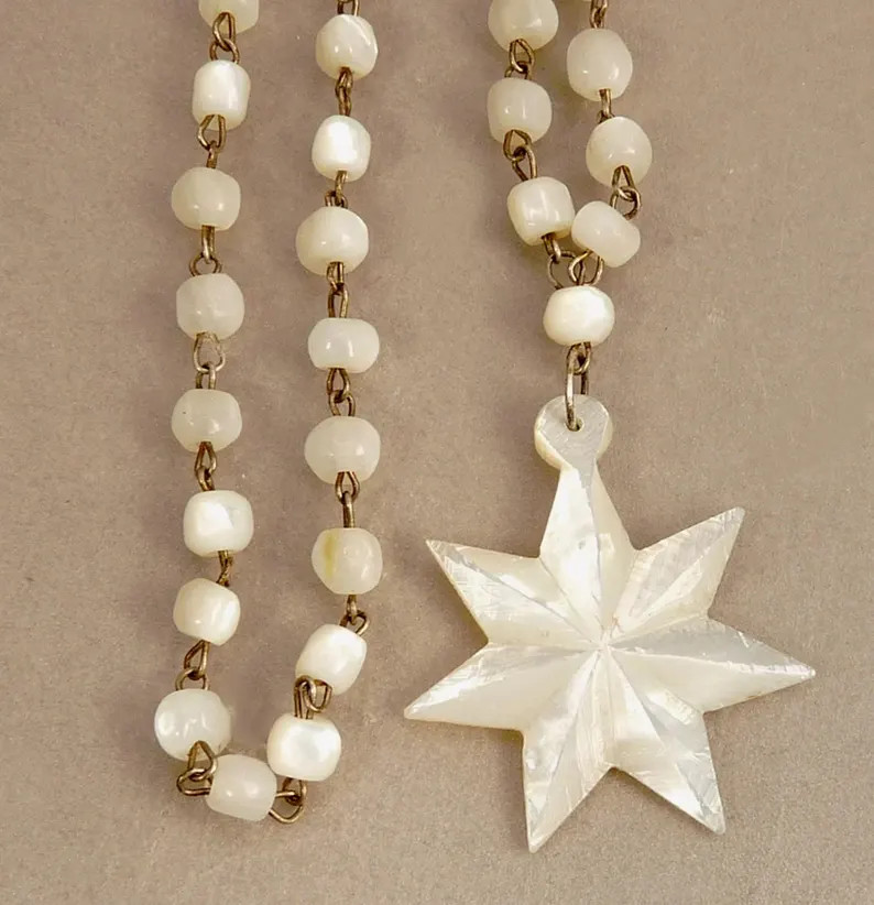 Art Deco Carved Mother Of Pearl Bethlehem Star Bead Necklace Prayer Beads | Etsy (US)