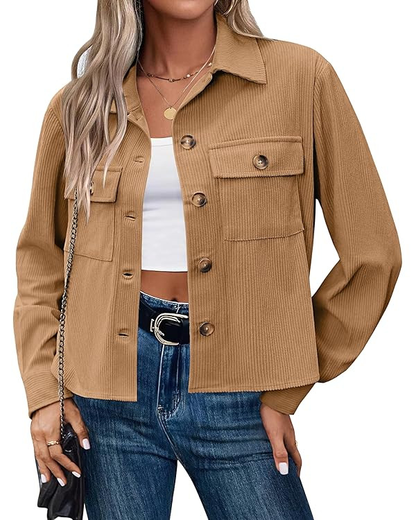 Zeagoo Womens Fashion Cropped Corduroy Shackets Button Down Jackets Tops Fall Trendy Long Sleeve ... | Amazon (US)