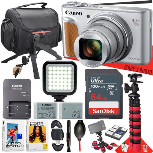 Canon PowerShot SX740 HS Digital Camera (Silver) + 64GB Memory + LED Light + Extra Battery + PC Software + Spider Tripod + More (16pc Bundle) (Renewed) | Amazon (US)