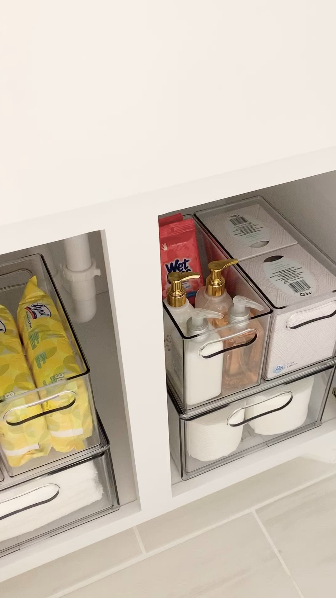 Under the sink organization, bathroom organization, powder room, clear stackable drawers, clear bins, organized cabinet, narrow bins, Walmart finds #walmarthome the home edit organized home 

#LTKsalealert #LTKfamily #LTKhome