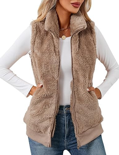 LOMON Womens Fuzzy Fleece Vest, Casual Warm Sleeveless Zip Up Sherpa Vest Jacket with Pockets for... | Amazon (US)
