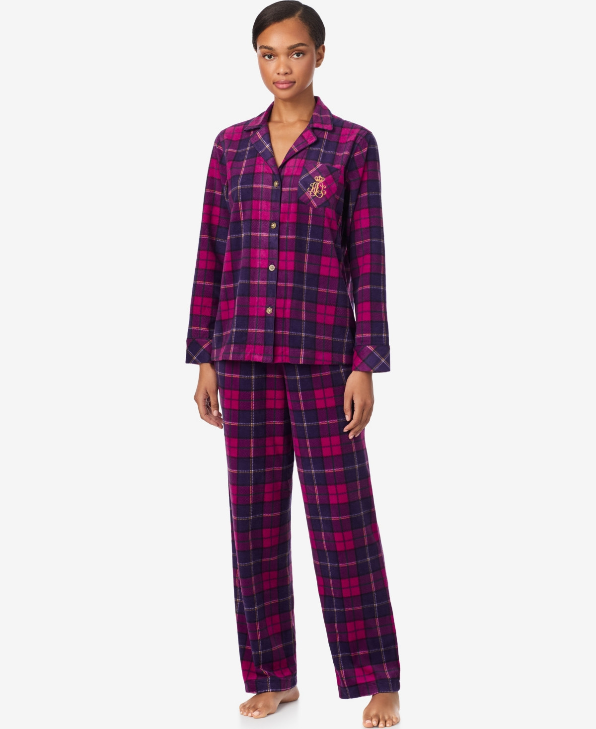Lauren Ralph Lauren Women's Petite Long Sleeves Notch Collar Pajama Set - Pink plaid | Macy's
