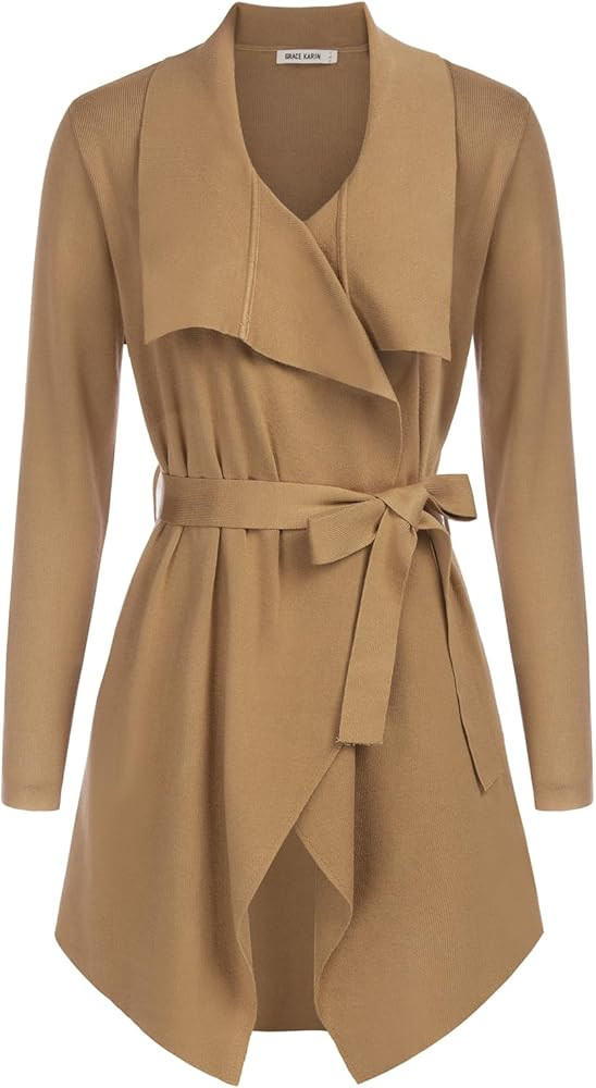 Cardigan for Women Lapel Draped Open Front Thin Sweater Long Sleeve Irregular Hem Outwear with Be... | Amazon (US)