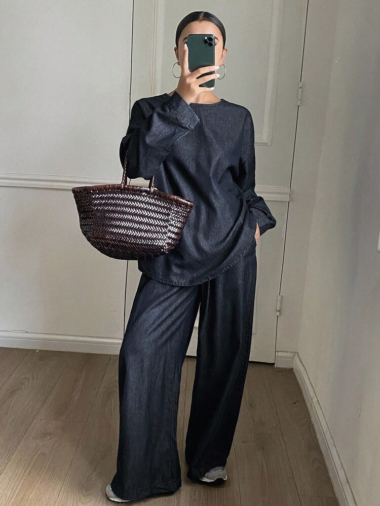 DAZY 2pcs Women Casual Denim Crew Neck Loose Pullover Top And Drawstring Waist Wide Leg Pants Set | SHEIN