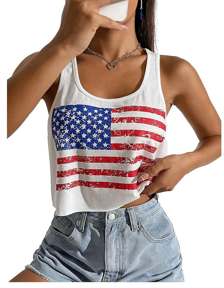 Women's Sexy American Flag Crop Tank 4th of July Patriotic Sleeveless Tee Tops | Amazon (US)