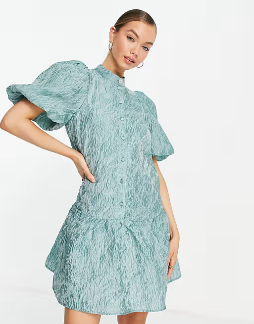 Vila mini smock dress with puff ball sleeves in blue oil print | ASOS | ASOS (Global)