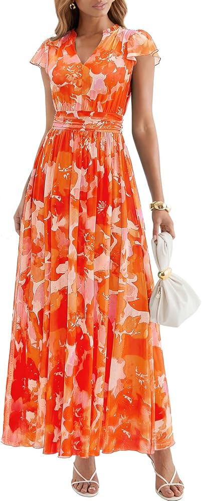 PRETTYGARDEN Womens Summer Dresses 2026 Flutter Short Sleeve V Neck Floral Mesh Dress Flowy Beach... | Amazon (US)