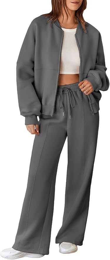 Aleumdr Women's 2 Piece Outfits Oversized Fleece Sweatsuit Zip Up Long Sleeve Sweatshirt with Wid... | Amazon (US)