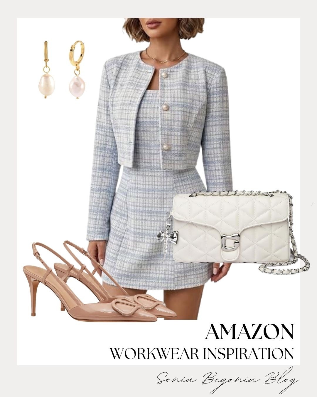 Upgrade your workday style with this chic tweed two-piece set in light blue! 🤍

Paired with elegant pearl drop earrings, a quilted white handbag, and sleek nude heels, it’s the ultimate polished look for the office. ✨

#AmazonFashion #WorkwearStyle #LTKworkwear #OfficeOOTD #TweedSet #LTKshopper

#LTKootd #LTKWorkwear