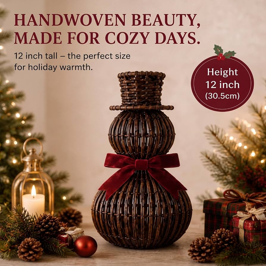 RattanView 12" Christmas Snowman Decor Rattan Woven Table Decor with Bow | Amazon (US)
