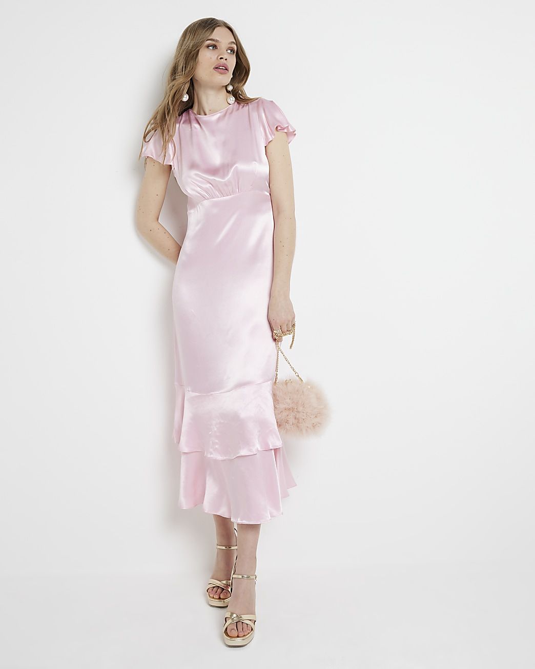 Pink satin tiered swing midi dress | River Island (UK & IE)