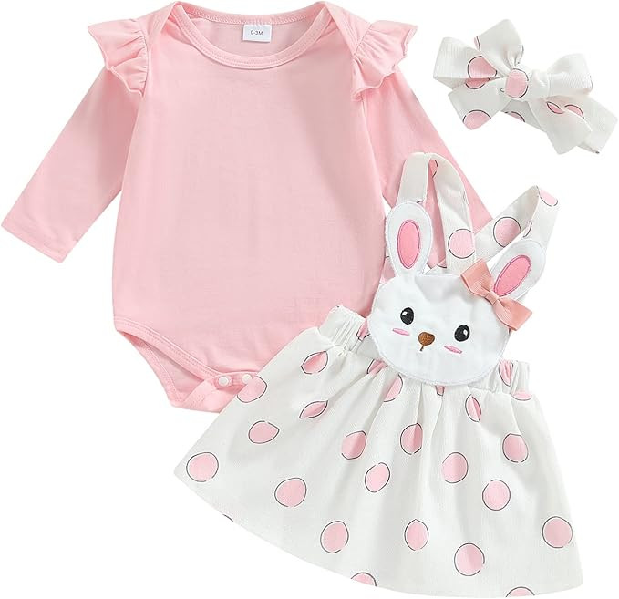 Newborn Baby Girl Easter Outfit Long Sleeve Romper Rabbit Suspender Skirt Overall Dress My First ... | Amazon (US)