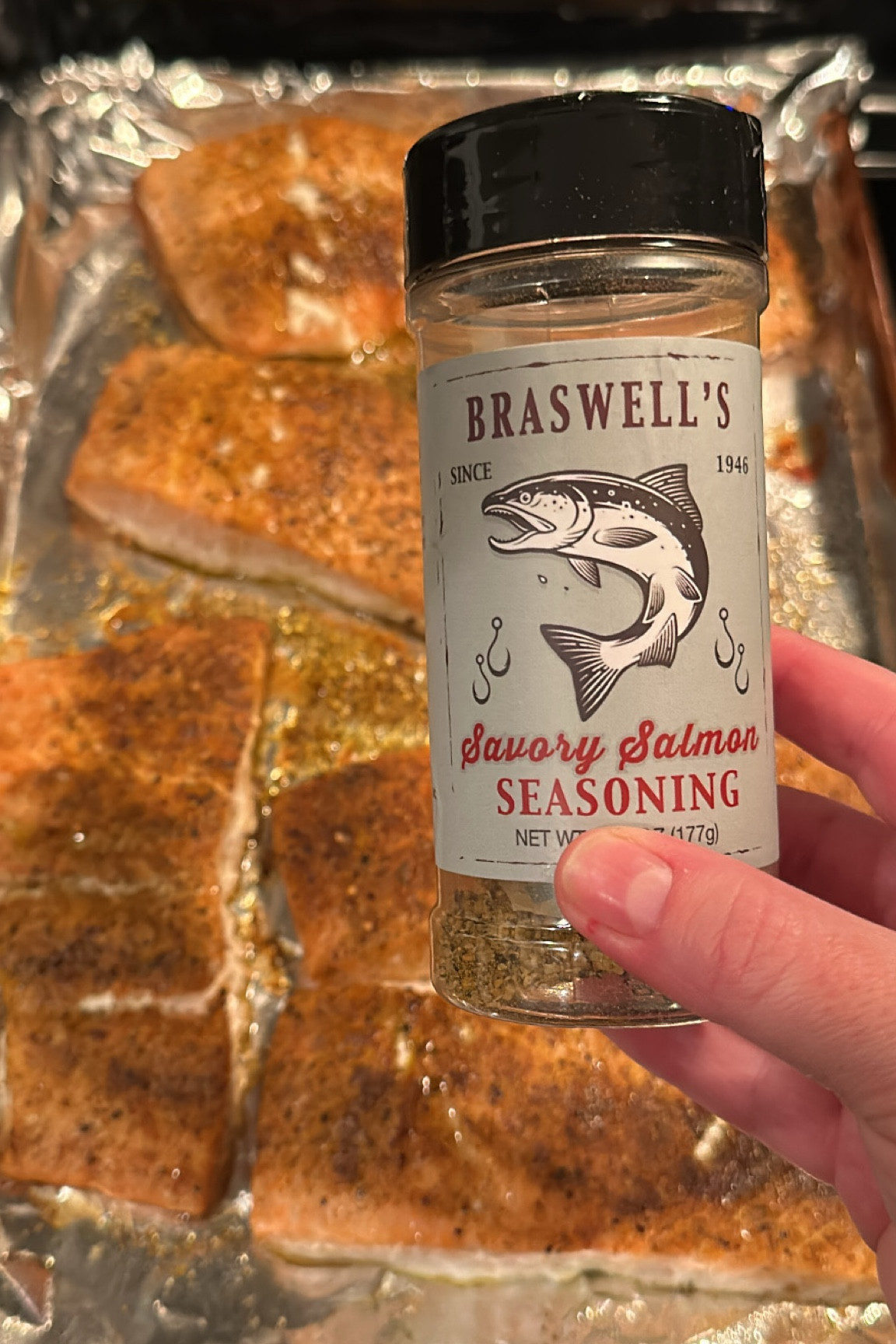 Amazing seasoning for salmon filets! So easy and tastes delicious. Bake @400 for 20 mins!