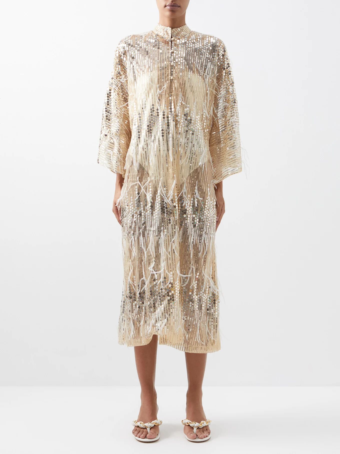 Feather-trimmed sequinned tulle kaftan | La Vie Style House | Matches (US)