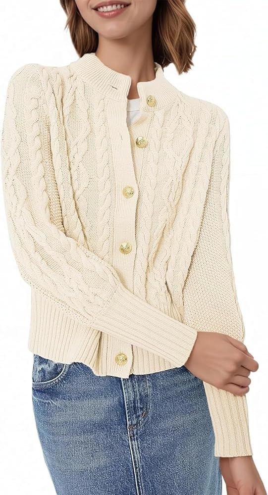 Women's Cardigan Sweater Button Down Long Sleeve Fall Jacket Short Chunky Cable Knit Open Front L... | Amazon (US)